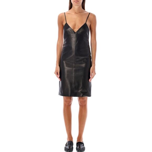 Elegant Leather Mini Dress with Deep V-Neck - Picture 1 of 3